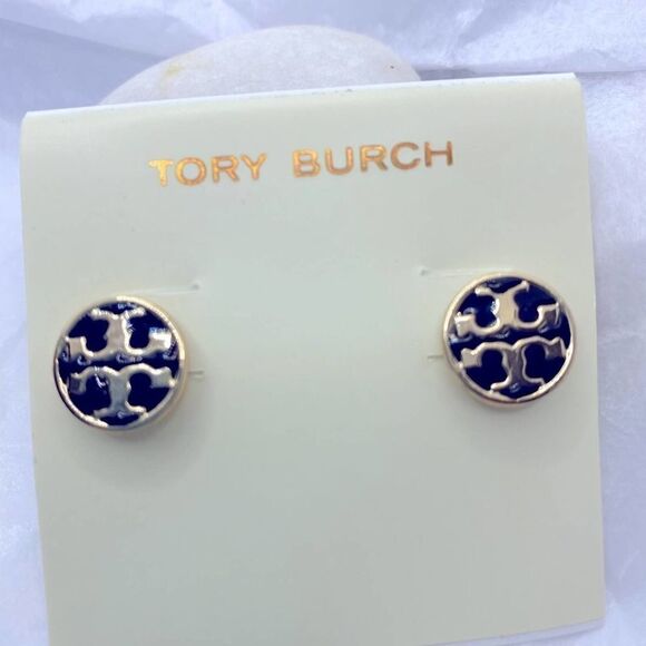 NWOT Tory Burch Gold Logo Black Enamel Small Stud Earrings - Picture 4 of 5